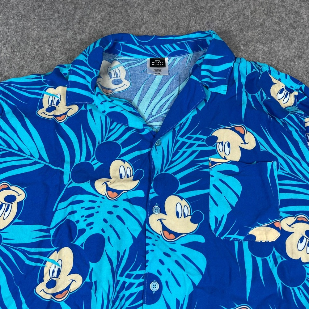 Disney Mickey Mouse Mens Tropical Palm Leaf Rayon Aloha Button Shirt XXL Blue
